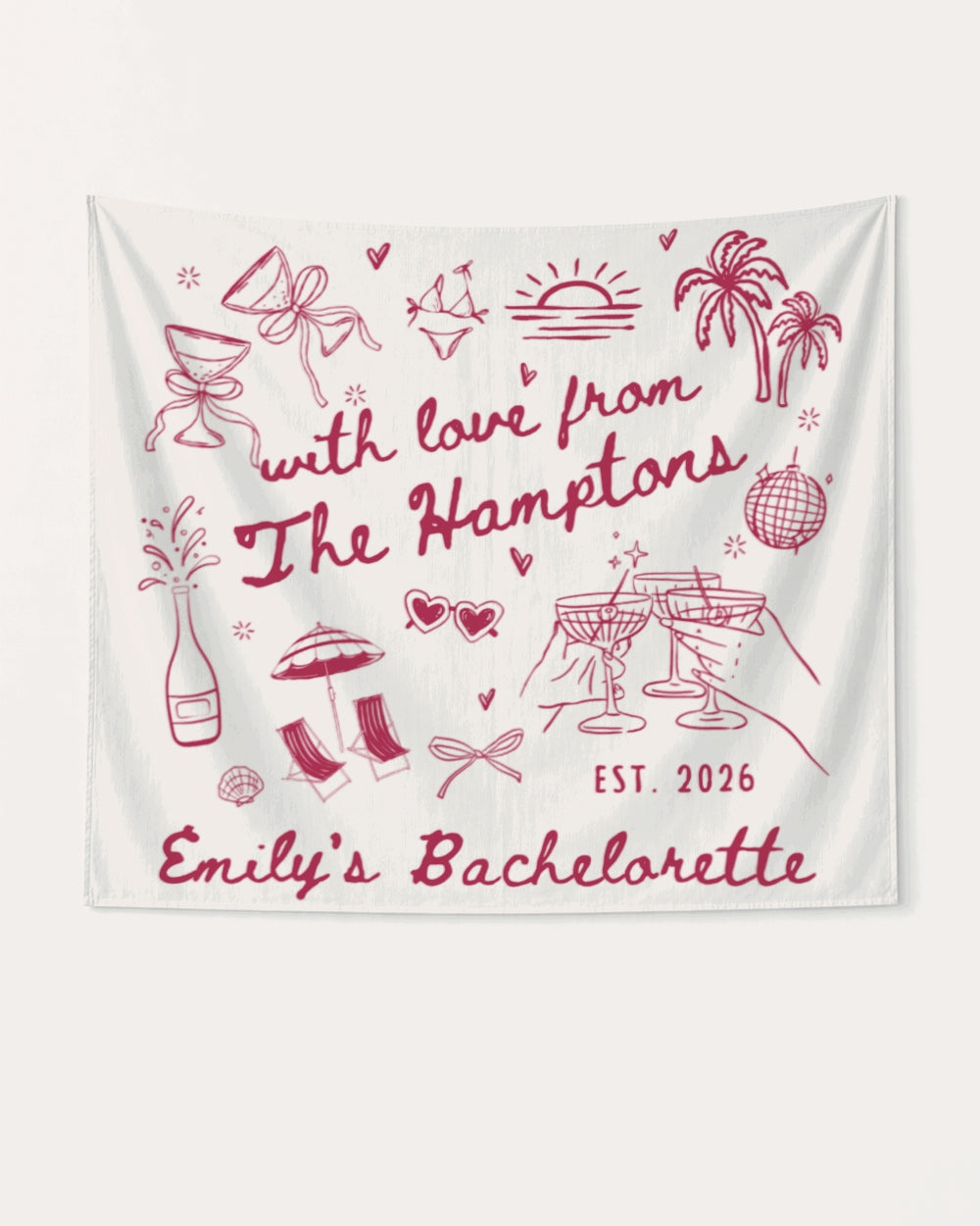 Minimalist line-art doodle bachelorette banner with playful icons and script personalized with bride name, year, and destination. Custom Hamptons bachelorette party decor for the bridal crew.