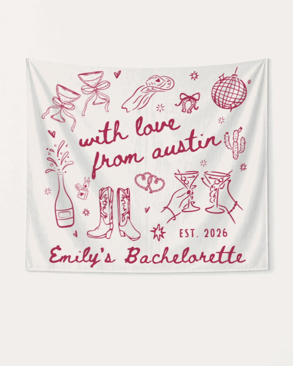 Whimsical line-art doodle bachelorette banner with script lettering and hand-drawn Austin icons. Personalized with bride name, destination city, and EST. year for the full bachelorette weekend crew.