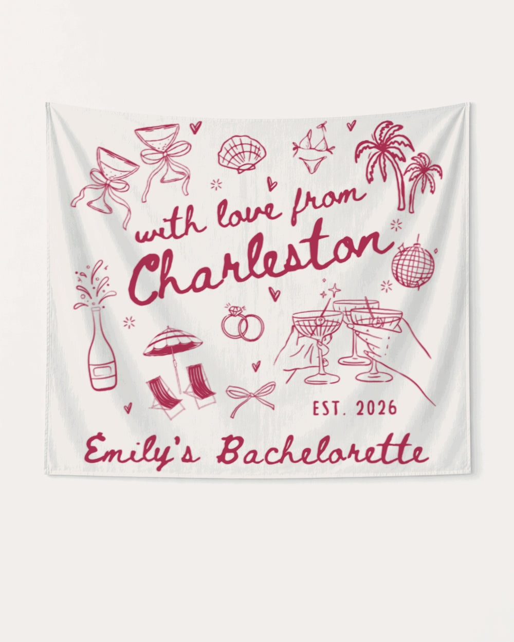 Hand-drawn doodle script bachelorette party banner with whimsical illustration art. Personalized with bride name, destination city, and EST year for the full crew celebration.