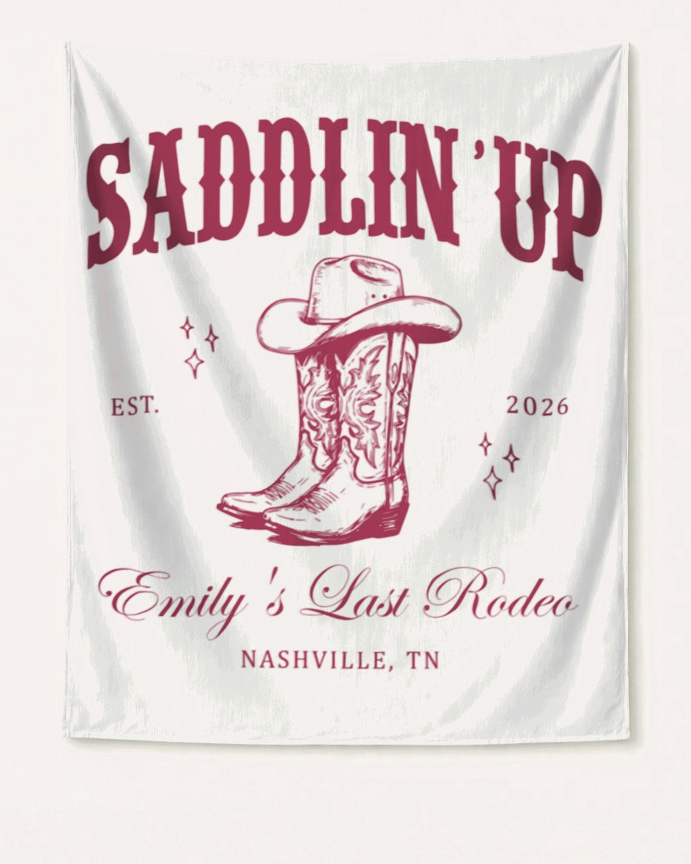 Gift idea for the bachelorette rodeo crew: a Last Rodeo banner with vintage western art for the Nashville party space. Personalized with bride name, year, and city.