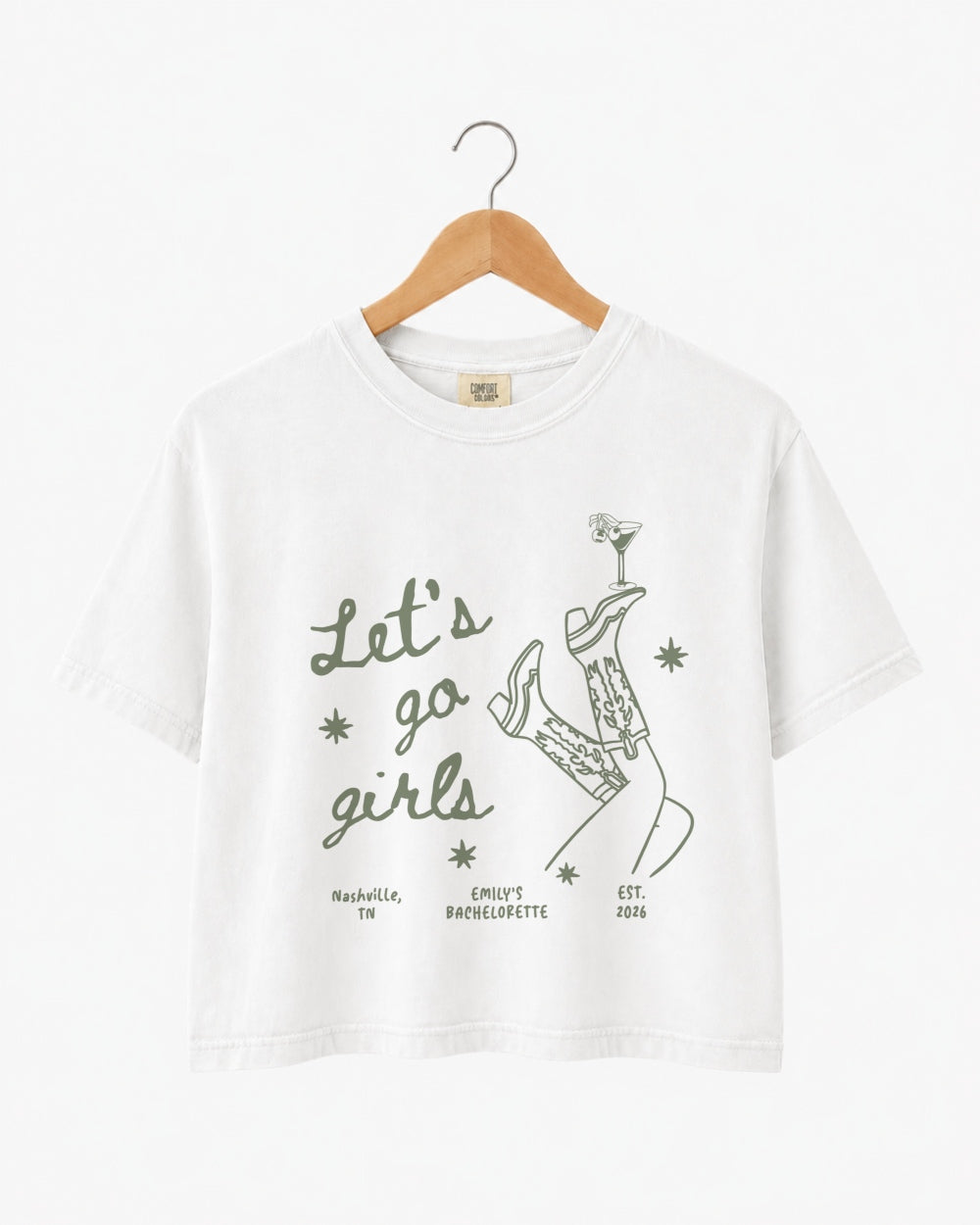 Girls night out crop top with vintage line-art boots and martini illustration, script lettering for the whole crew. Perfect for bachelorette parties, girls trips, and late-night outings.