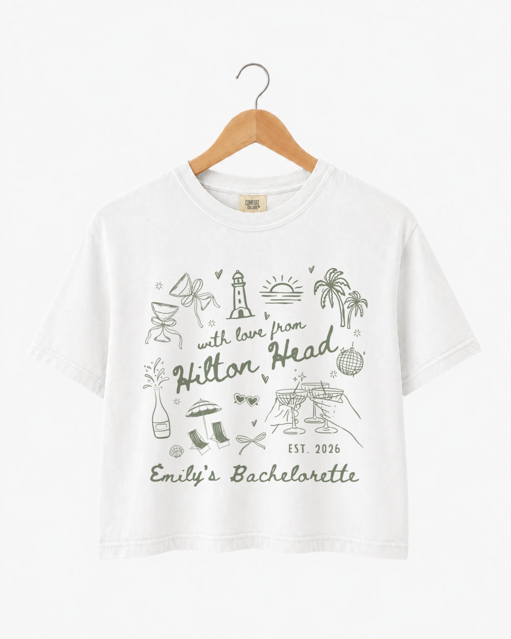 Bachelorette weekend crop top with playful line-art doodles and hand-drawn script, destination style for the whole crew. Personalized with bride name, year, and beach city.