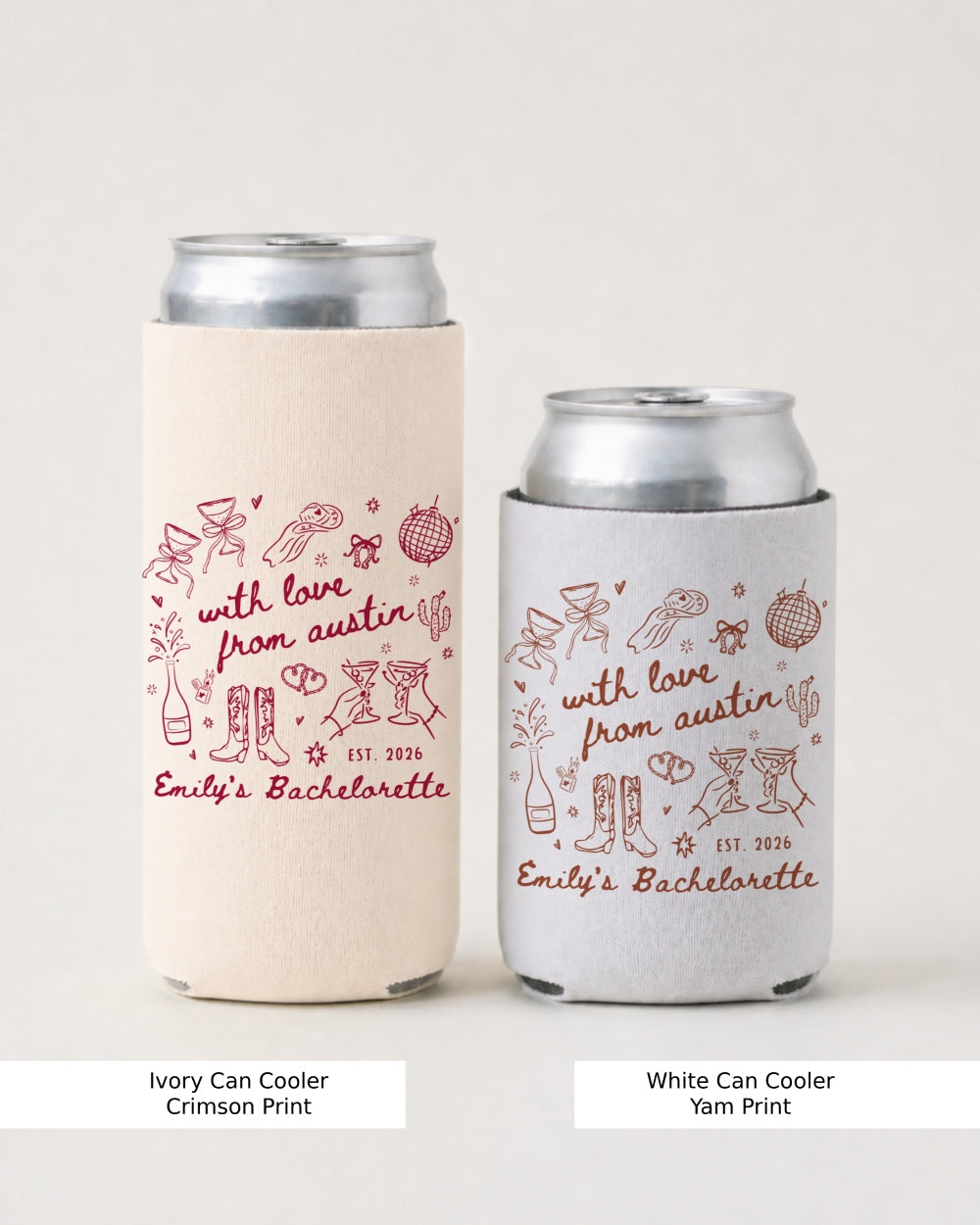 Gift idea for the bachelorette crew: Austin-themed can cooler with minimalist doodle art and custom destination script. Personalized with city names for the early bachelorette party send-off.
