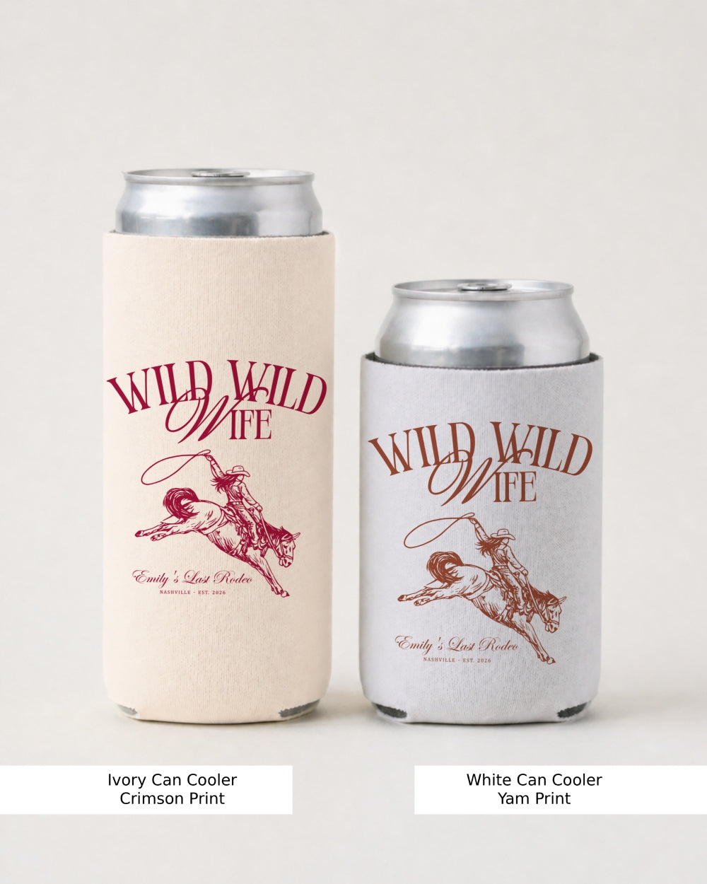Bride gift idea: Wild Wild Wife can cooler with vintage cowboy illustration and elegant script. Perfect bachelorette party favor or bridesmaid proposal gift for a western-themed celebration.
