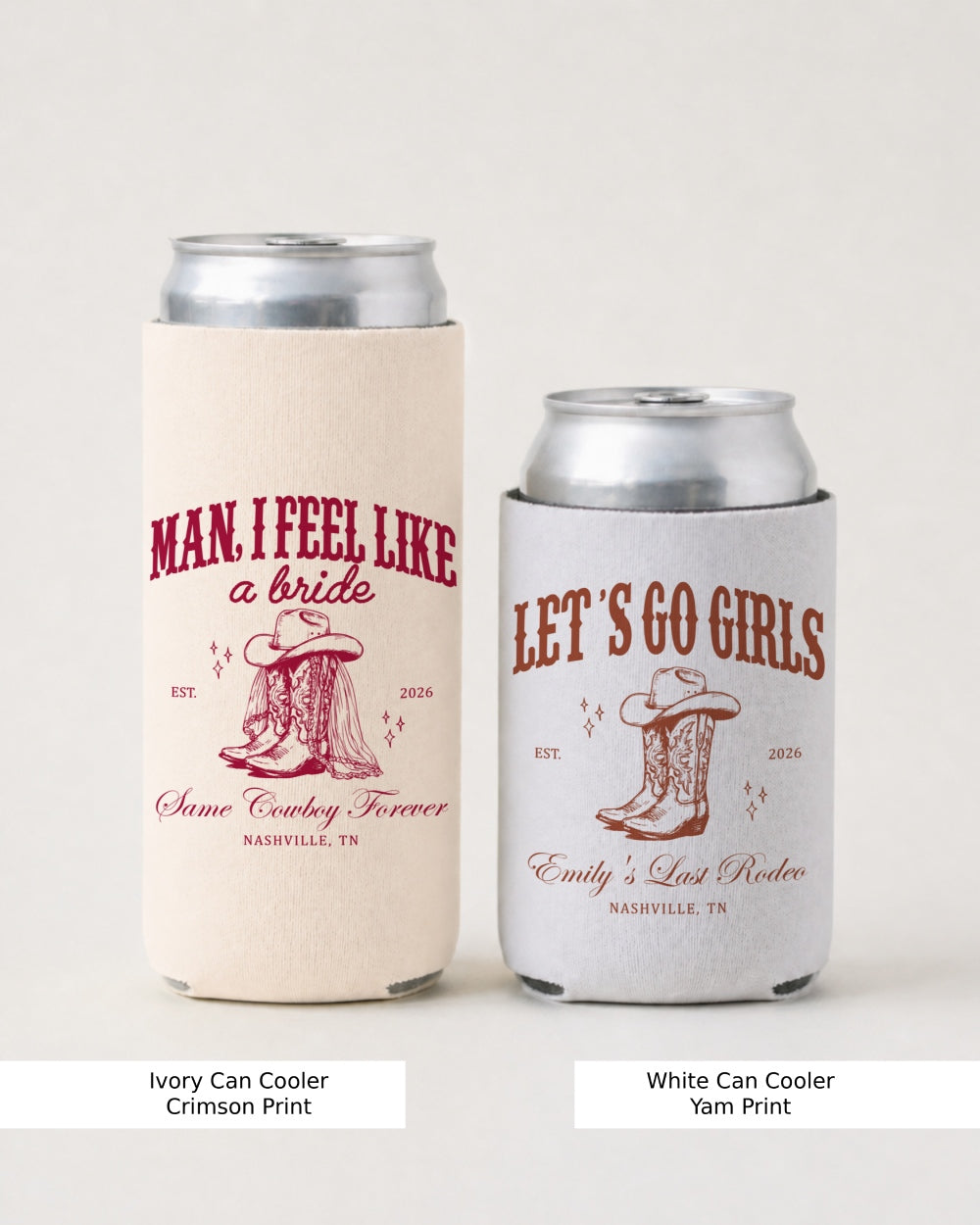Bachelorette gift idea: western-themed can cooler with vintage rodeo illustration and script lettering. Perfect for the bride-to-be's country bachelorette party or girls weekend.