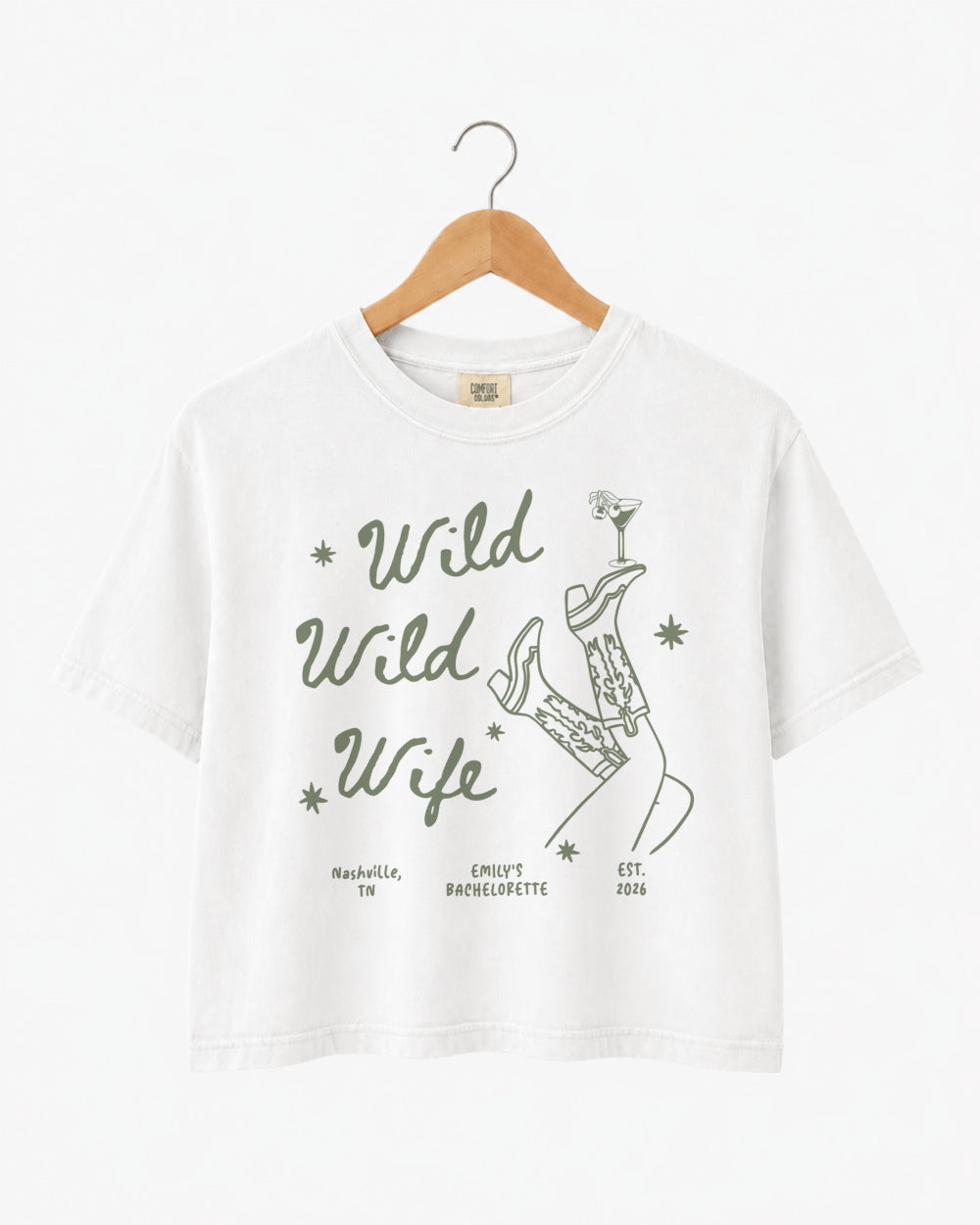 Cowgirl bride crop top with custom Wild Wild Wife graphic for country wedding celebrations