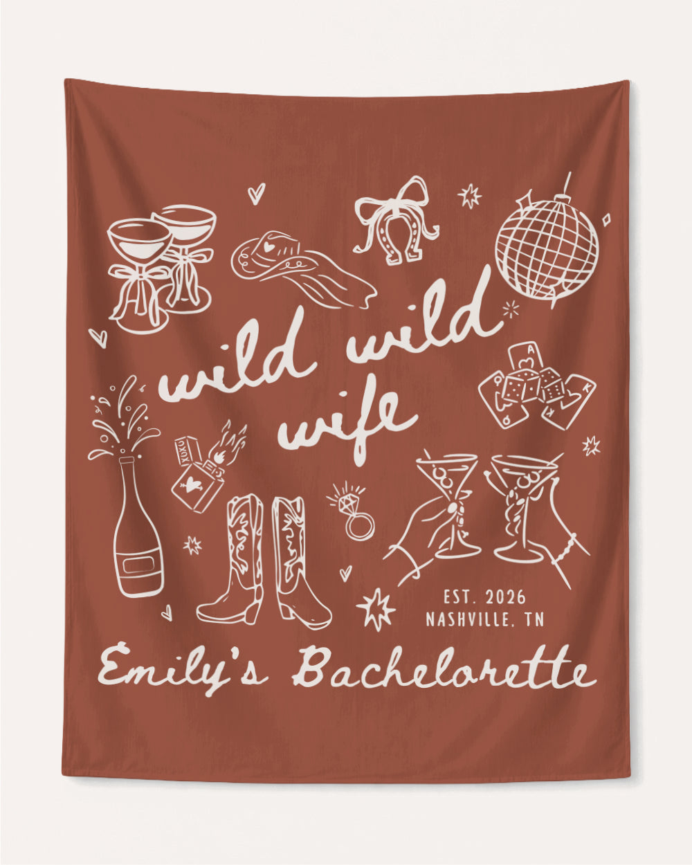 Personalized bachelorette party banner with bride name, wedding year, and destination city in playful hand-drawn line-art style. Custom Wild Wild Wife design for the whole crew.