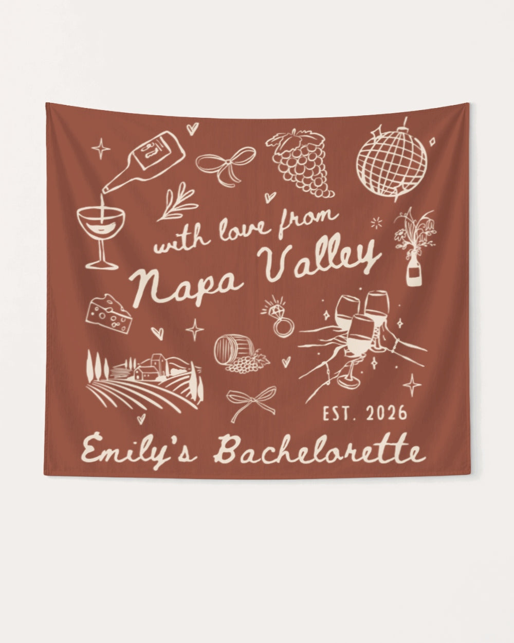 Bachelorette party banner with minimalist wine country doodles and script lettering. Personalized with bride name, year, and destination for the Napa Valley weekend crew.