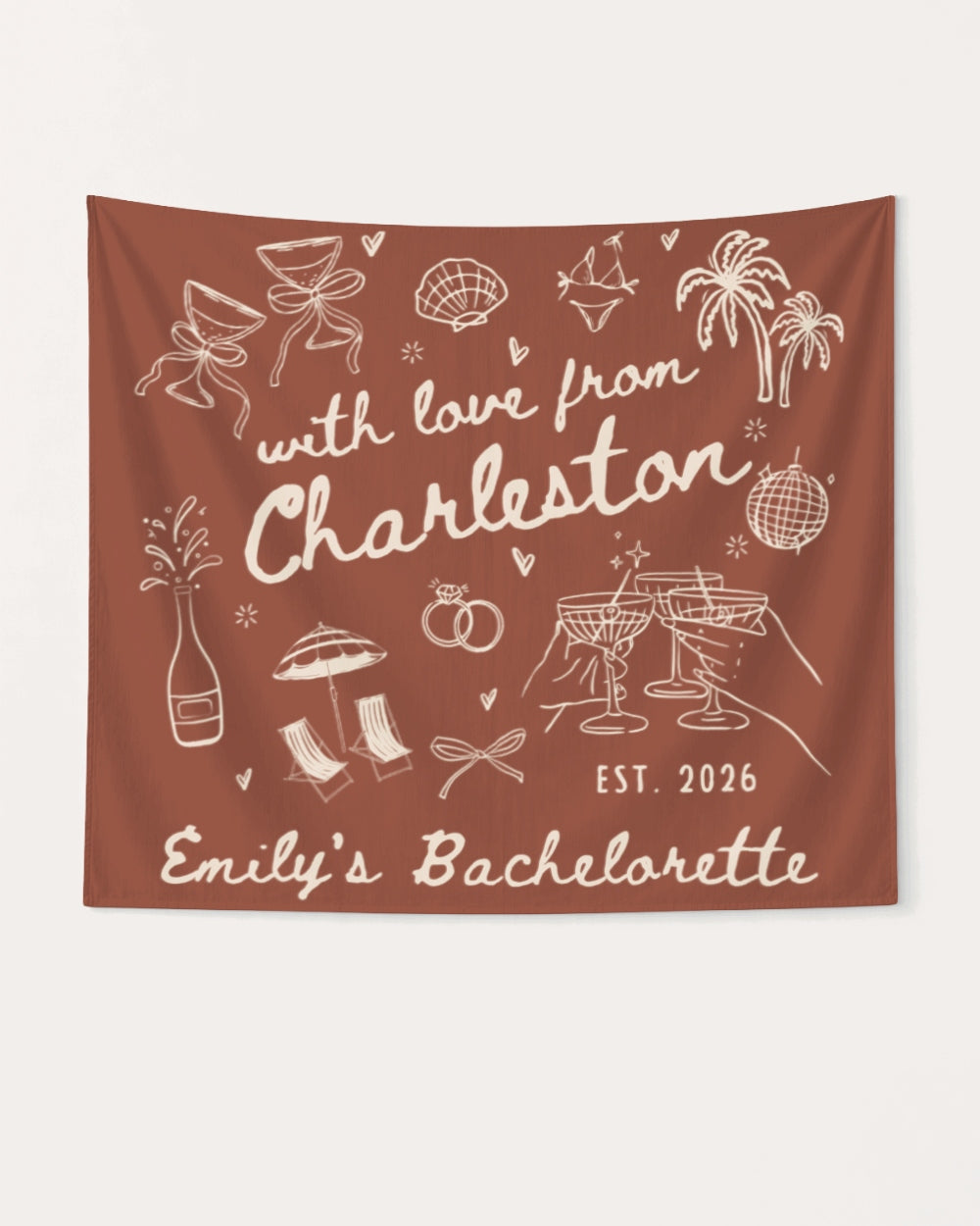 Rectangular bachelorette party banner with hand-drawn doodle art and script lettering, personalized with bride name, destination city, and event year for the full weekend crew.