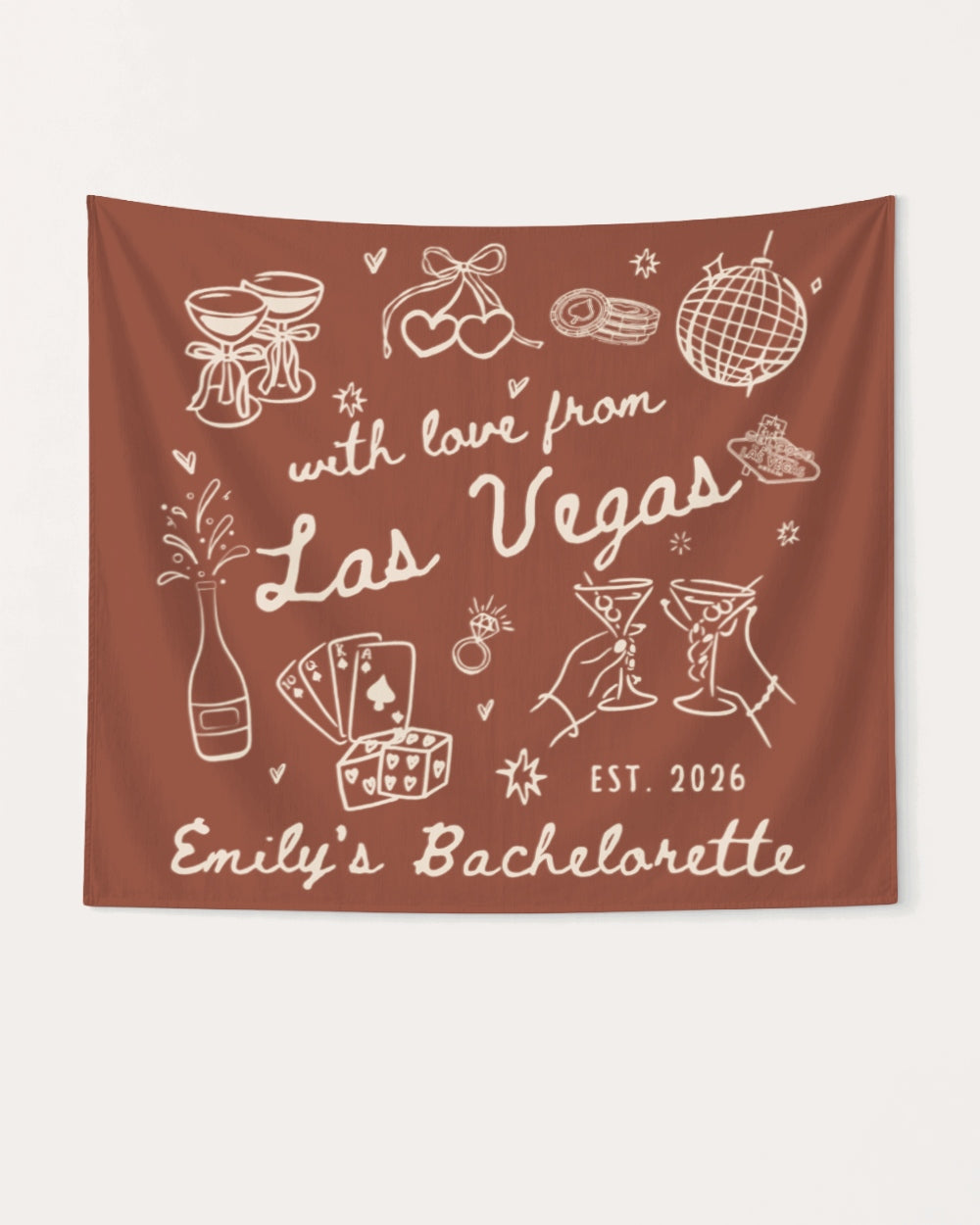 Hanging banner for a Las Vegas bachelorette weekend with hand-drawn doodle art. Personalized with bride name, date, and destination city for the party setup.