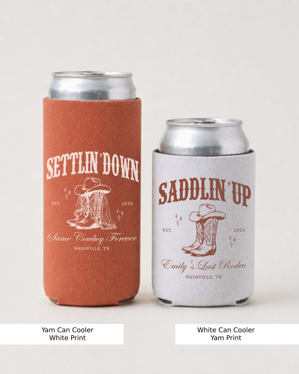 Vintage western illustration can cooler with serif typography for a western wedding celebration. Settlin' Down Saddlin' Up design for the bride, groom, or bridal crew.