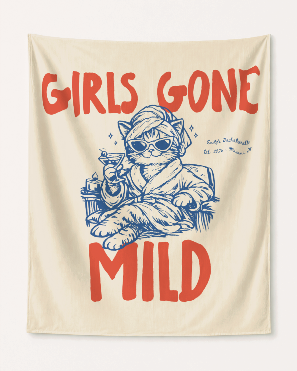 Girls Gone Mild Personalized Bachelorette Party Banner Decor, Spa Cat Bachelorette Tapestry