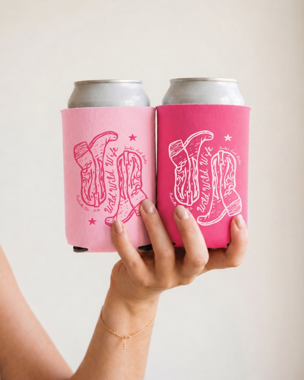 Personalized cowgirl bride drink holder with cowboy boot design for Nashville party favors