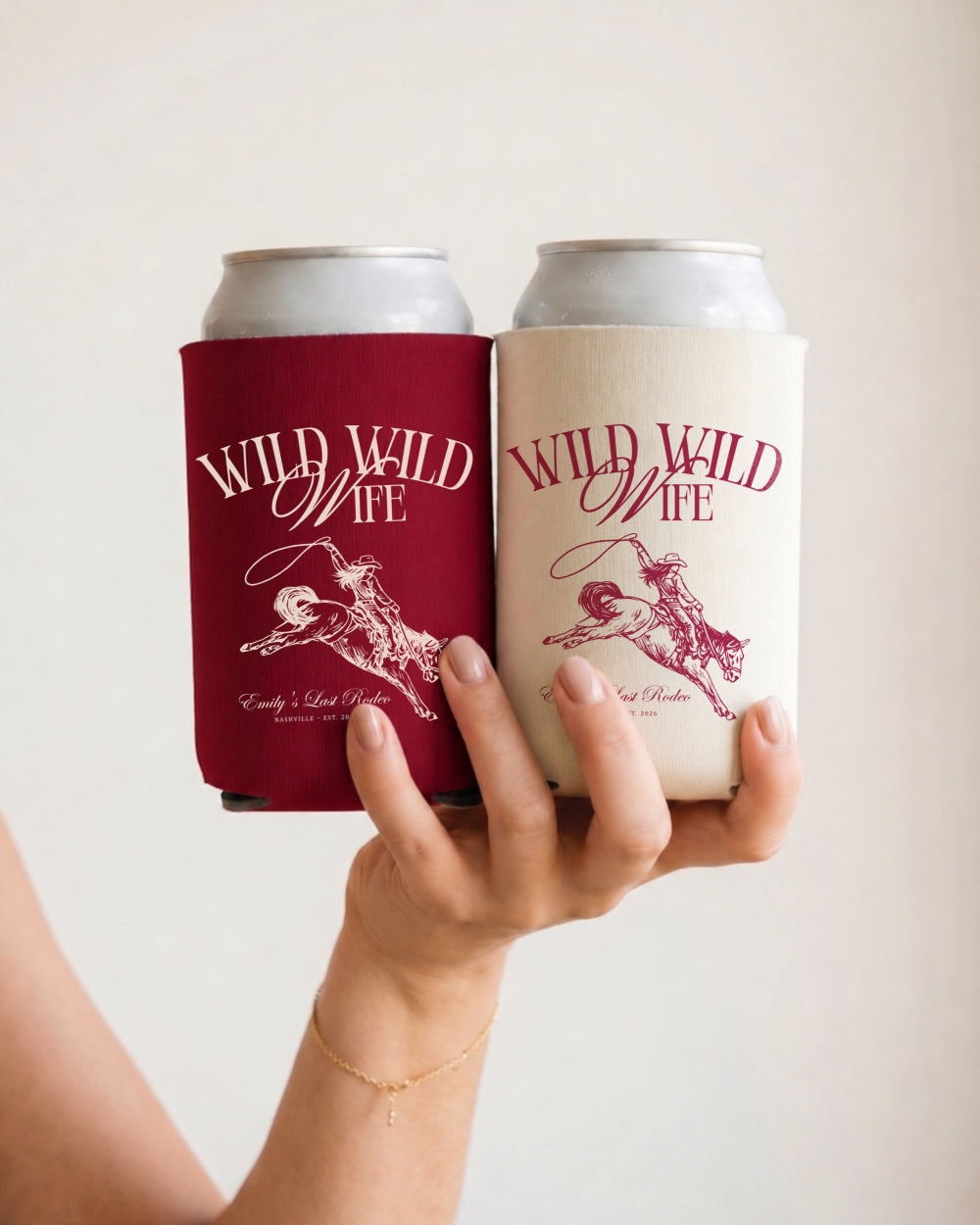 Bachelorette party can cooler with Wild Wild Wife cowgirl theme and vintage western illustration. Keep drinks cold at the bridal shower, ranch weekend, or Nashville bachelorette bash.
