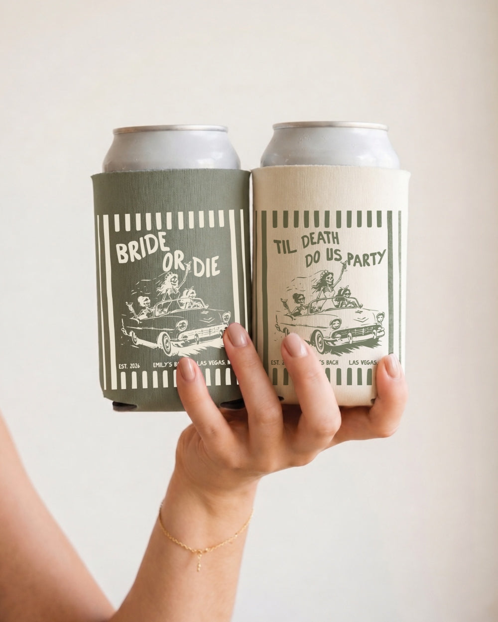 Bride or Die and Ride or Die Stripes Can Cooler Moss