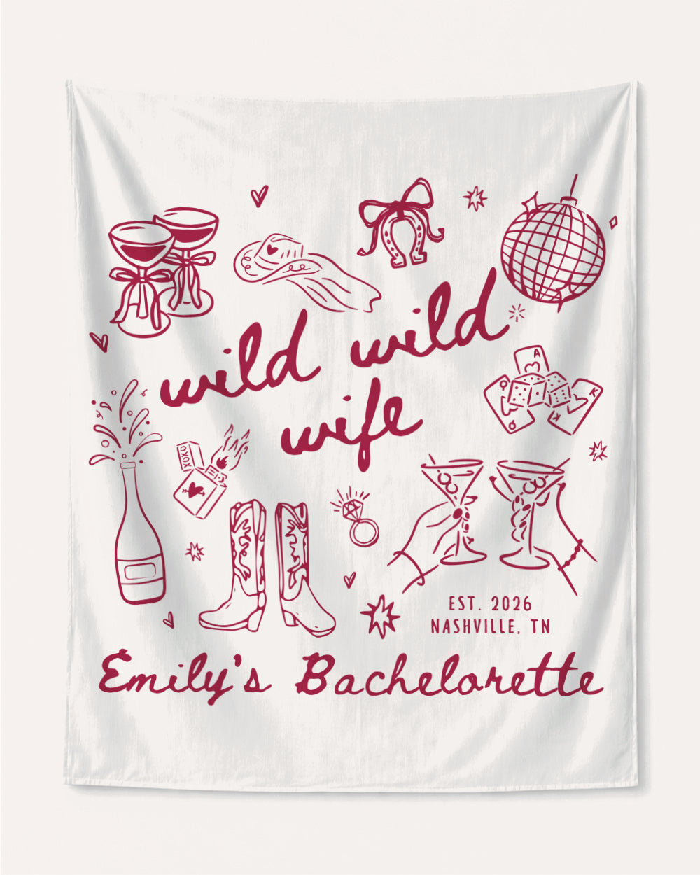 Bachelorette weekend banner with Wild Wild Wife theme, playful hand-drawn doodle art. Personalized with bride name, year, and destination city for the party venue or photo backdrop.