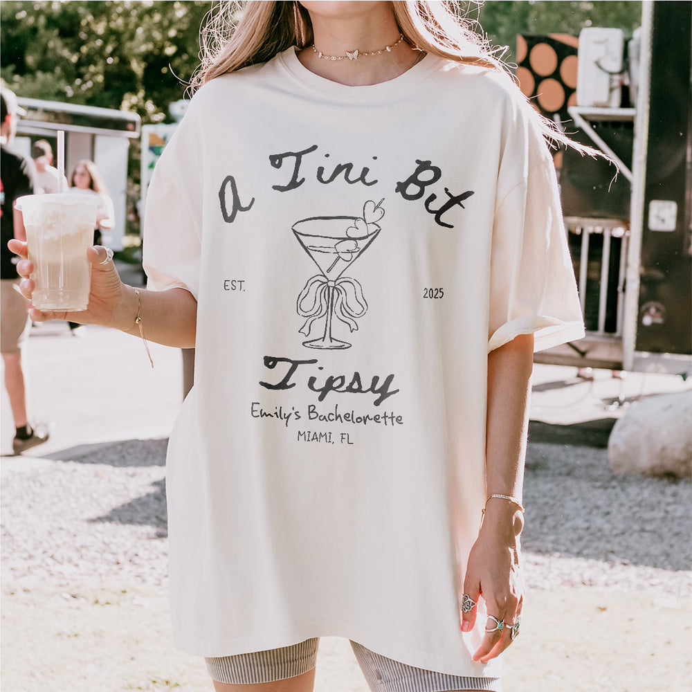 A Bride in a Tini Bit Bachelorette Comfort Colors Shirt Custom Dirty Martini Bachelorette Party Shirt Tini Bit Tipsy Tshirt Tini Bit Engaged - lifestyle Image