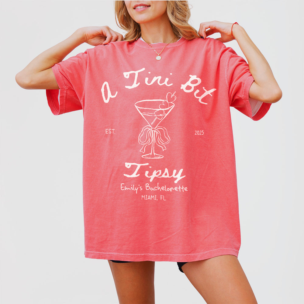 A Bride in a Tini Bit Bachelorette Comfort Colors Shirt Custom Dirty Martini Bachelorette Party Shirt Tini Bit Tipsy Tshirt Tini Bit Engaged - Watermelon Product Image