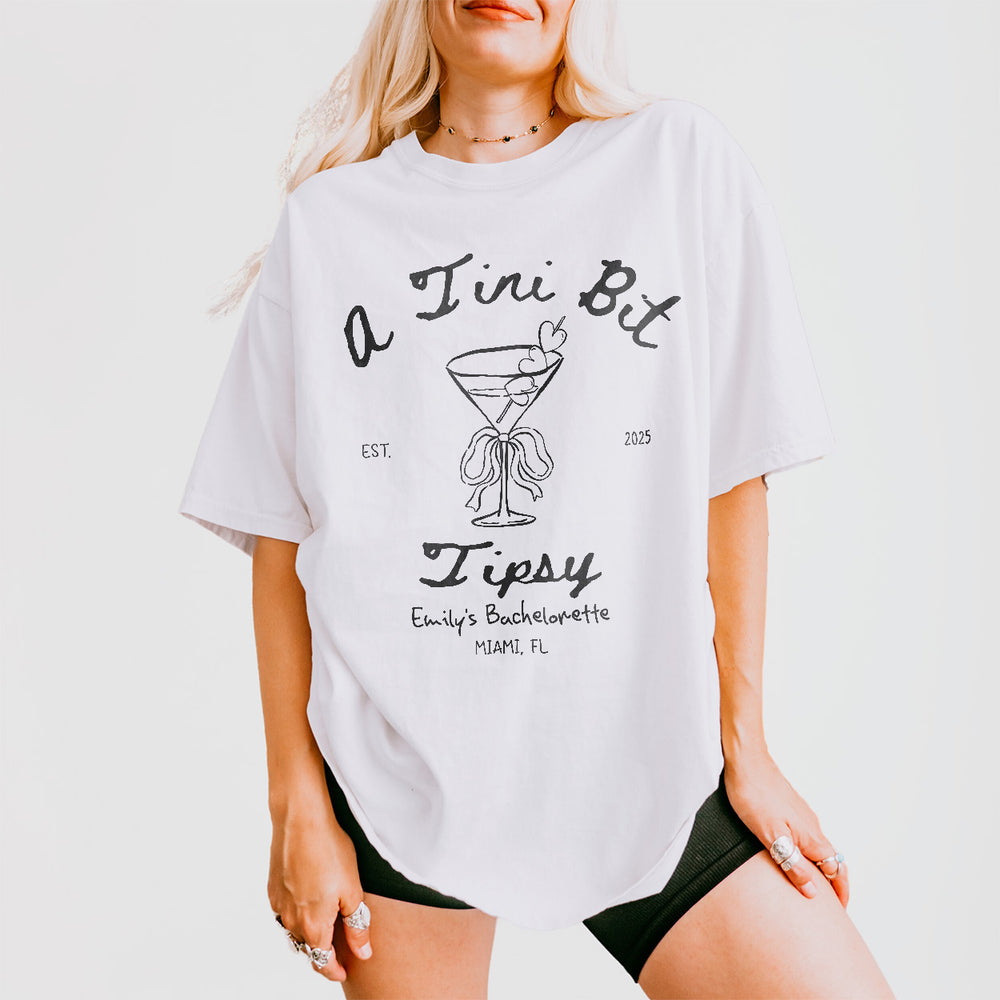A Bride in a Tini Bit Bachelorette Comfort Colors Shirt Custom Dirty Martini Bachelorette Party Shirt Tini Bit Tipsy Tshirt Tini Bit Engaged - White Product Image