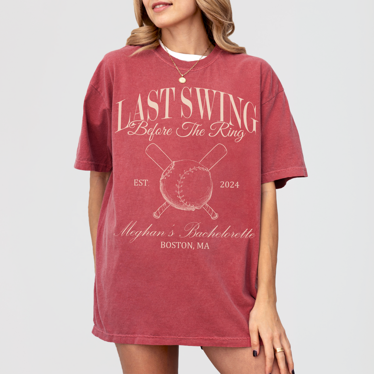 Moss green cotton bachelorette t-shirt with 'Last Swing Party' design by Relatee
