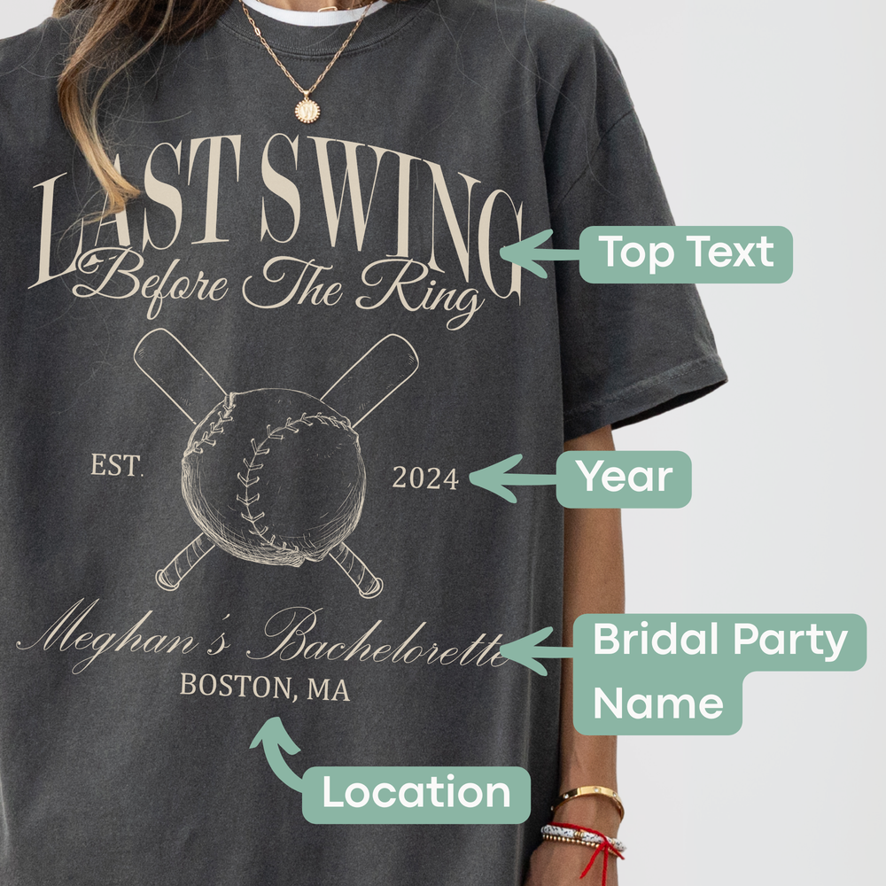 Moss green premium cotton t-shirt featuring 'Last Swing Party' design for bachelorette celebrations by Relatee.