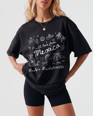 Bride and bridesmaids matching bachelorette tees with vintage botanical line-art and Mexico destination script. Personalized with bride name, year, and destination city for the full crew.