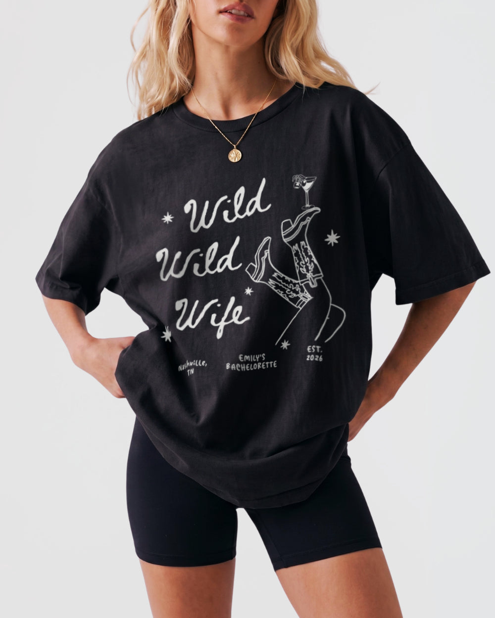 Gift idea for the bachelorette bride: Wild Wild Wife vintage-style tee with script lettering and retro illustration art. Perfect for the maid of honor to give the bride before her bachelorette weekend.