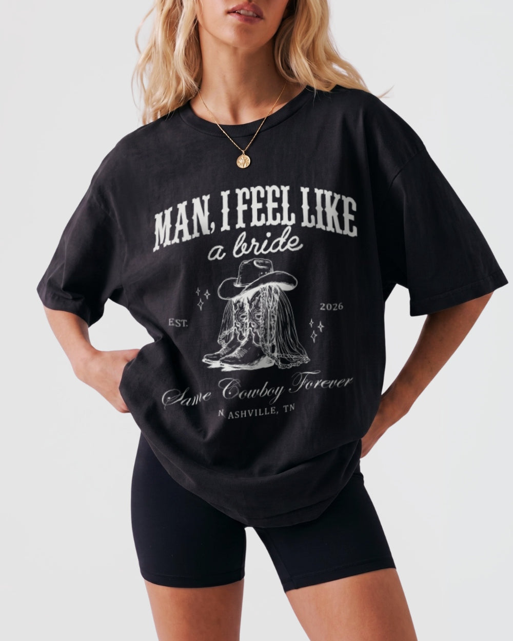Bride and bridesmaids matching bachelorette tees with vintage western art for a Nashville last-rodeo party. Personalized with bride name, destination city, and wedding year for the full crew.