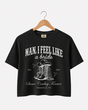 Matching crop tops for the last rodeo bachelorette crew, Nashville western theme with vintage script and cowboy boot art. Personalized with bride name, date, and destination city.
