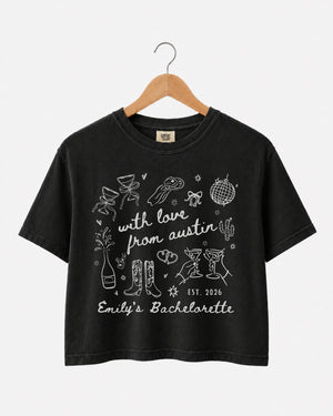 Matching crop tops for the bachelorette crew with minimalist doodle script and Austin destination theme. Personalized with bride name, year, and city for the whole party.