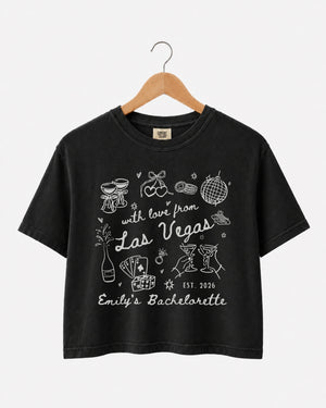 Matching crop tops for the bachelorette crew with vintage line-art Las Vegas theme. Personalized with bride name, year, and destination city for the whole party.