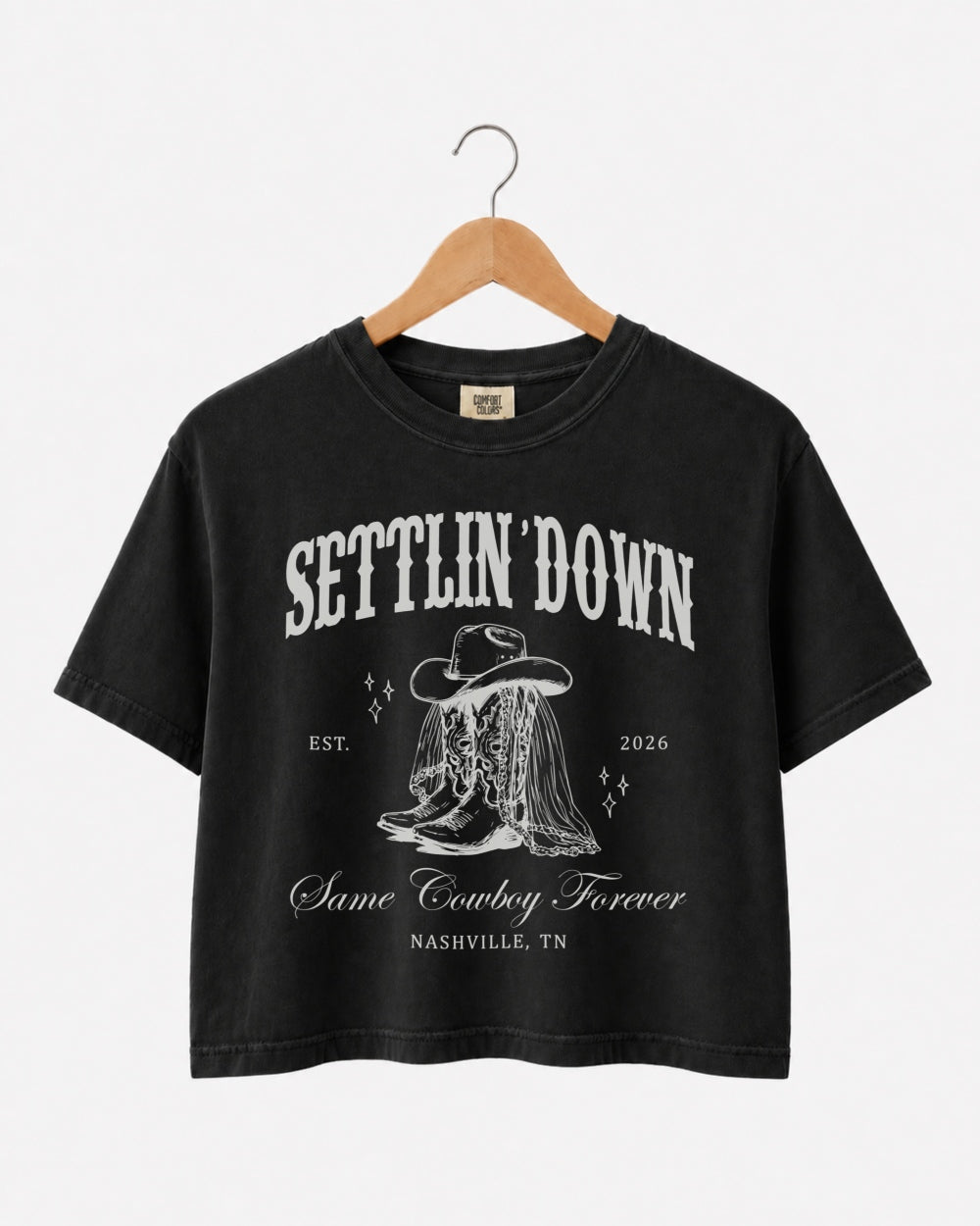 Matching crop tops for the Last Rodeo bachelorette crew, vintage western theme with bride name, EST year, and destination city personalized across the whole party set.