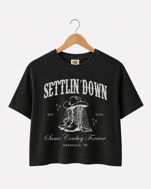 Matching crop tops for the Last Rodeo bachelorette crew, vintage western theme with bride name, EST year, and destination city personalized across the whole party set.