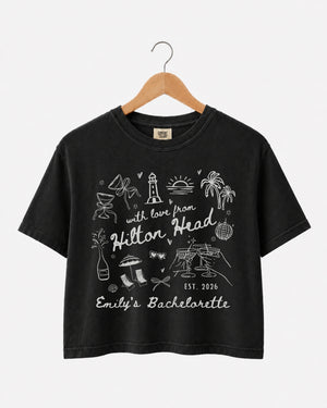 Matching crop tops for the bachelorette crew with playful line-art doodles and hand-drawn script. Personalized with bride name, destination, and EST year for any beach or coastal weekend getaway.