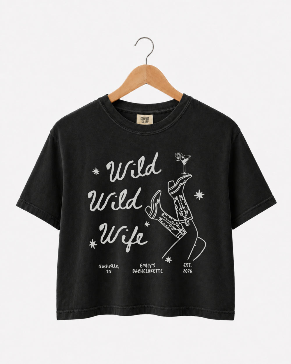 Matching bachelorette crop top with personalized Wild Wild Wife design for bride and bridal crew