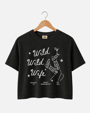 Matching bachelorette crop top with personalized Wild Wild Wife design for bride and bridal crew