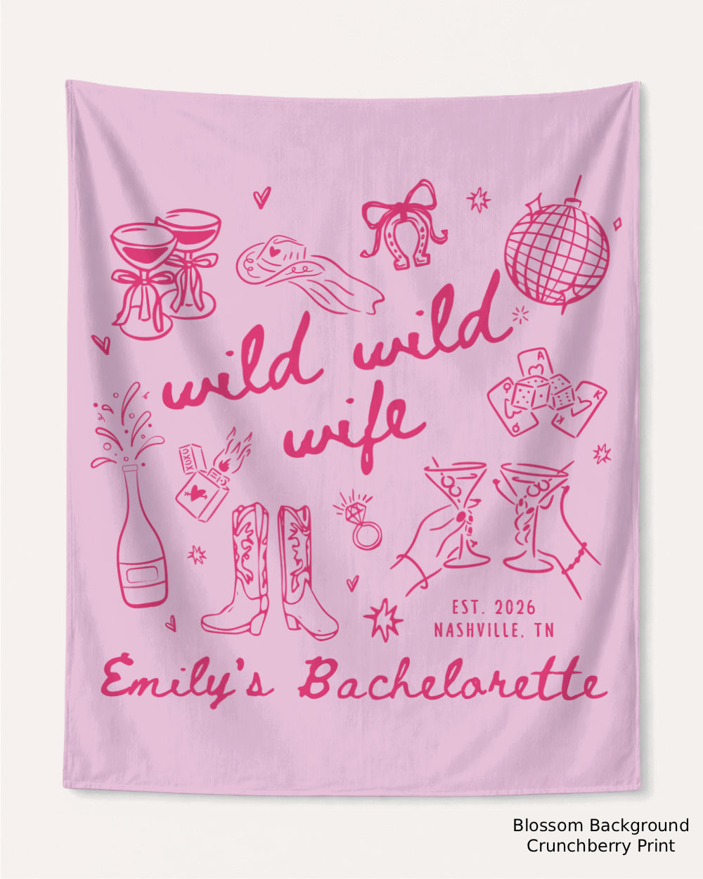 Personalized bachelorette banner with bride name, city, year, and weekend title in playful hand-drawn line-art style. Custom party decor for the Wild Wild Wife bachelorette crew.