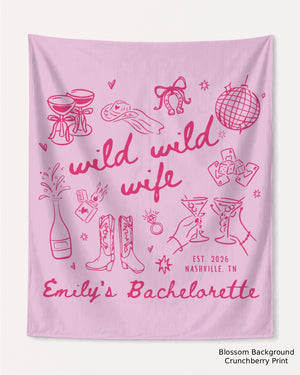 Personalized bachelorette banner with bride name, city, year, and weekend title in playful hand-drawn line-art style. Custom party decor for the Wild Wild Wife bachelorette crew.