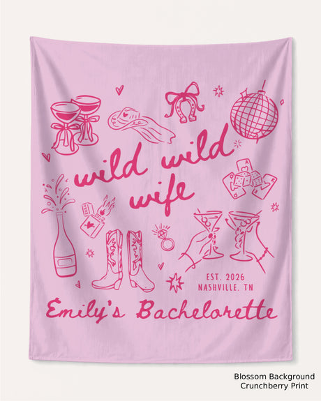 Personalized bachelorette banner with bride name, city, year, and weekend title in playful hand-drawn line-art style. Custom party decor for the Wild Wild Wife bachelorette crew.