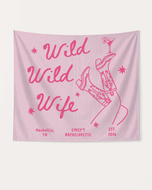 Playful line-art bachelorette party banner with script lettering and cowgirl martini illustration. Personalized with bride name, destination city, and year for the bachelorette weekend crew.