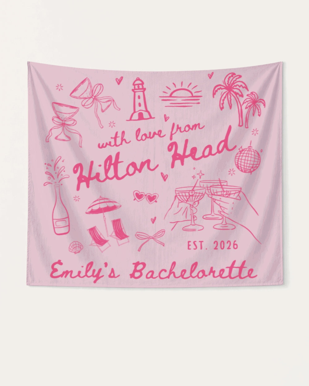 Rectangular bachelorette party banner with whimsical line-art doodles and hand-drawn script, personalized with bride name, destination city, and EST. year for the full weekend crew.