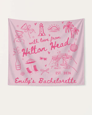 Rectangular bachelorette party banner with whimsical line-art doodles and hand-drawn script, personalized with bride name, destination city, and EST. year for the full weekend crew.