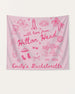 Rectangular bachelorette party banner with whimsical line-art doodles and hand-drawn script, personalized with bride name, destination city, and EST. year for the full weekend crew.