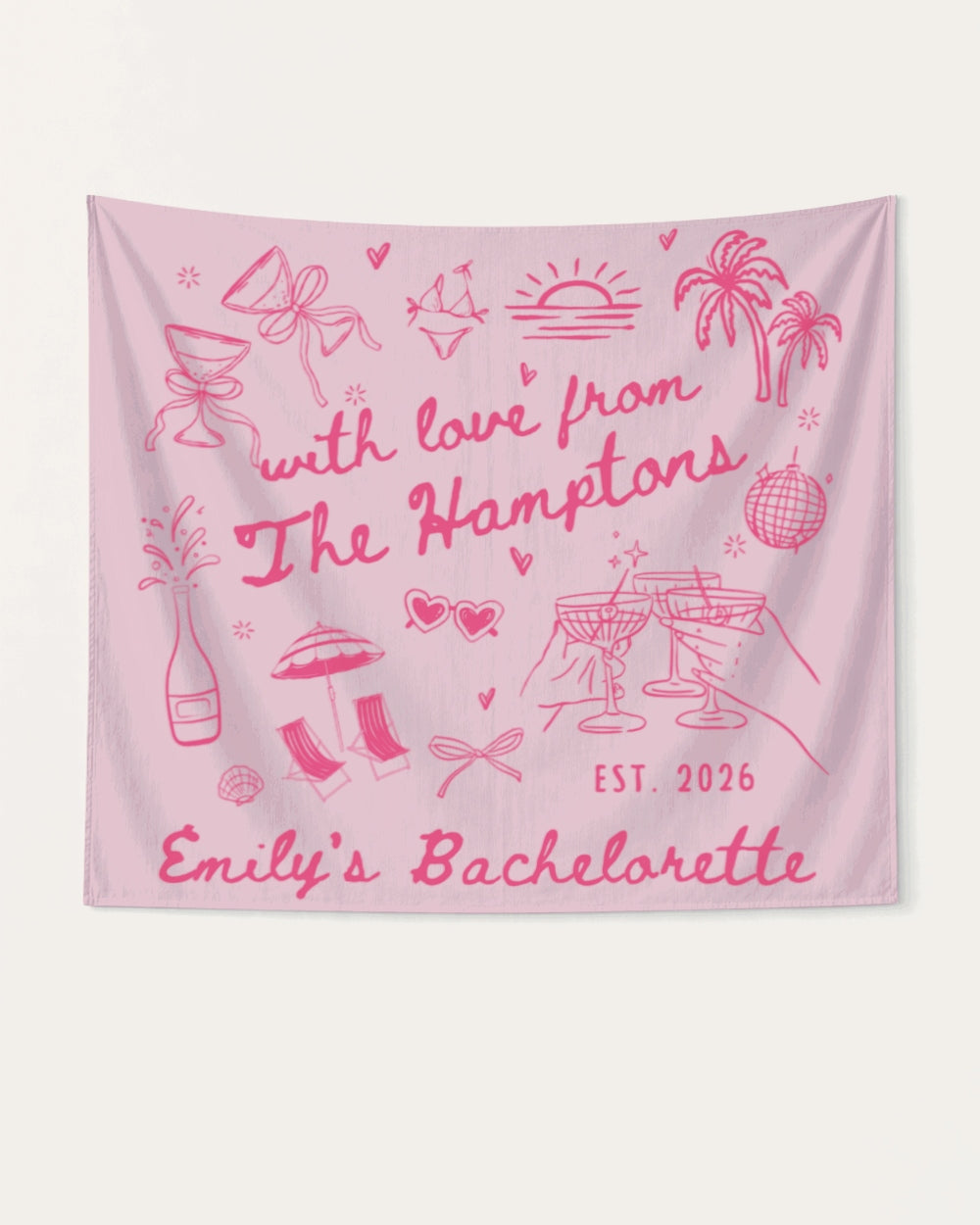 Personalized bachelorette banner with bride name, destination, and year in minimalist line-art doodle style. Custom keepsake for Hamptons, lake, or any weekend getaway celebration.