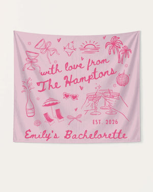 Personalized bachelorette banner with bride name, destination, and year in minimalist line-art doodle style. Custom keepsake for Hamptons, lake, or any weekend getaway celebration.