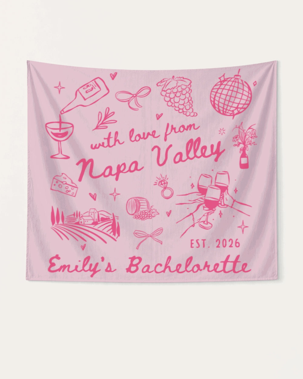 Matching bachelorette party banners for the bridal crew, Napa Valley wine country weekend theme with minimalist doodle art. Personalized with bride name, year, and destination.