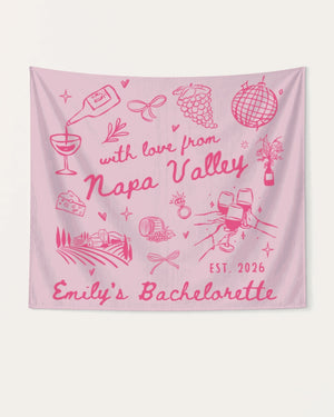 Matching bachelorette party banners for the bridal crew, Napa Valley wine country weekend theme with minimalist doodle art. Personalized with bride name, year, and destination.
