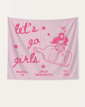 Cowgirl bachelorette bottle banner with vintage line-art script for Nashville or any destination weekend. Personalized with bride name, year, and city for the whole party.