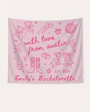 Matching bachelorette party banner with whimsical doodle art and script lettering. Personalized with bride name, destination city, and EST year for the whole crew.