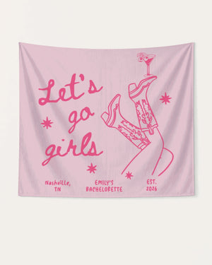 Matching bachelorette party banner with vintage boots and martini illustration, personalized with bride name, city, and year. Perfect for Nashville or any destination bach weekend decor.